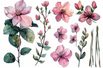 A set of watercolor flowers and leaves, including pink flowers and green leaves