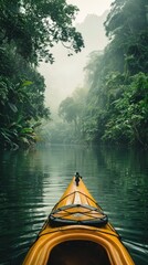 A yellow kayak is in the middle of a river surrounded by trees - obrazy, fototapety, plakaty