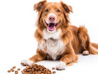 Dog sits next to its food, dog and its food.