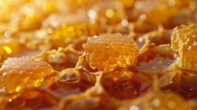 An image of honeycombs with golden honey on the whole background, close up