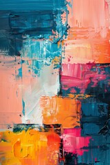 A vibrant abstract painting on canvas with acrylic, featuring a blend of baby blue and salmon-orange skies with hints of peach and bursts of ruby red.