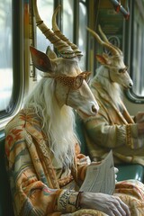 Fantasy creatures crowd the subway, centaur perusing a paper, whimsical rush hour with mythical passengers - obrazy, fototapety, plakaty