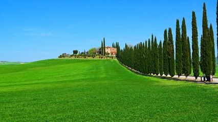 landscape of the Poggio Covilli farmhouse immersed in the greenery of the Val d'Orcia in Siena,...