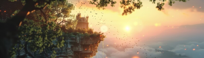 Castle aloft, tethered by vines, mystical climbers against sunset backdrop, evoke ethereal wonder - obrazy, fototapety, plakaty