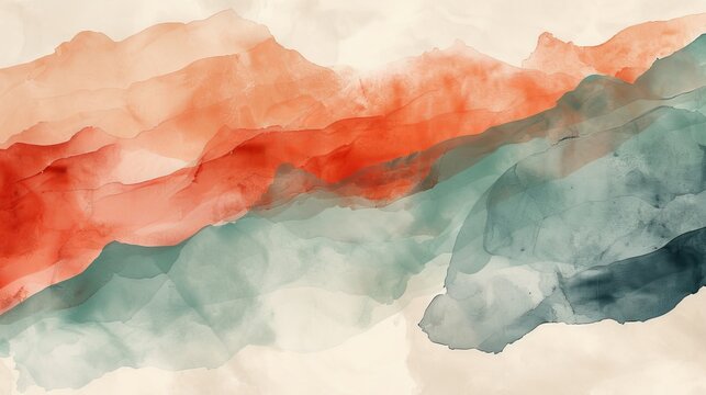Abstract background pattern with vibrant watercolors and vinyl funk elements. Terracotta red, light beige, and muted teal colors create a minimalistic