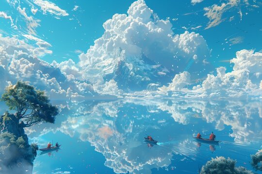 A fantasy landscape featuring a crystal lake mirroring an upside down world, adventurers cruising in boats, and a surreal clear sky