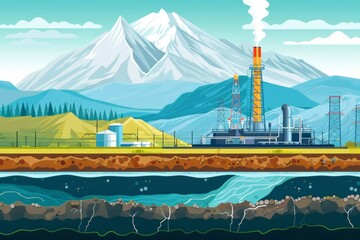 Graphic illustration shows drilling rig in pastoral setting cross-section of earth, highlighting underground natural gas extraction process. infographic explaining how geothermal energy is harnessed - obrazy, fototapety, plakaty