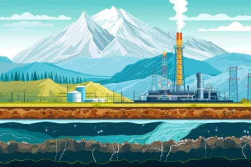 Ingelijste posters Graphic illustration shows drilling rig in pastoral setting cross-section of earth, highlighting underground natural gas extraction process. infographic explaining how geothermal energy is harnessed © Thaniya