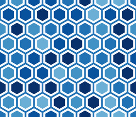 Mosaic hexagon shapes background. Plain hexagon net with inner solid cells. Blue color tones. Hexagonal cells. Seamless pattern. Tileable vector illustration.