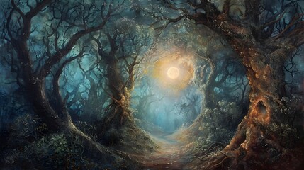 Misty Moonlit Forest Leads to Glowing Cave Entrance,Shrouded in Ethereal Light and Ancient Lore