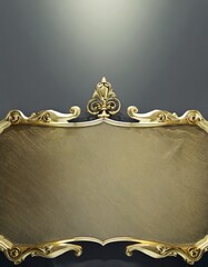 Golden tray with carved frame on a gray wall with copy space