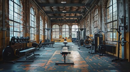 In the gym, the absurdity unfolds as the equipment seems to wield power over its users, resulting in comically exaggerated displays of effort amidst a vibrant atmosphere - obrazy, fototapety, plakaty