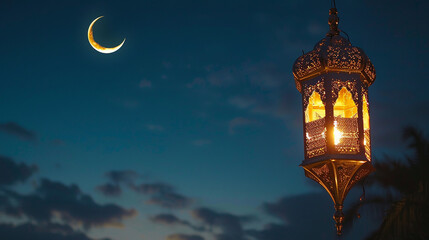 Fototapeta na wymiar A lantern with a crescent moon above it.