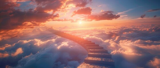 Impossible physics of a staircase that twists into the sky, people climbing to step onto clouds, sunset background