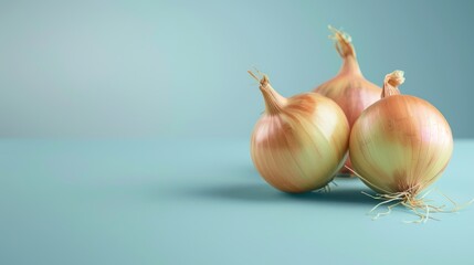 onions A photorealistic illustration against pastel blue background with copy space for text or logo, beautifully illuminated by studio lighting