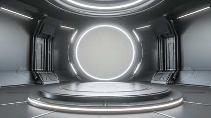 Obraz premium A round stage featuring bright metallic material with a transparent style, emphasizing commercial products and vibrant colors