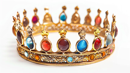 A golden crown with red, blue, green, and yellow jewels.

