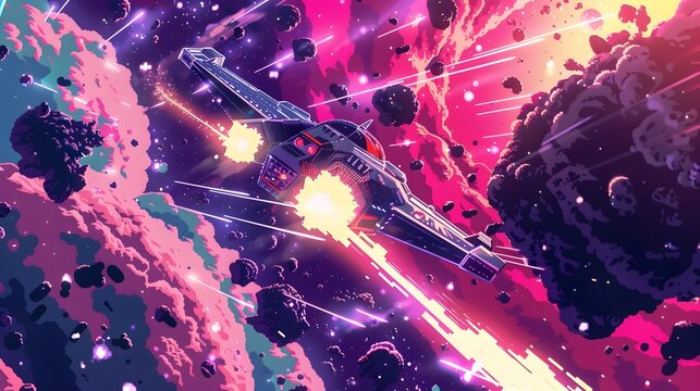 Pixelated Spaceship Blasting Through Meteor Field with Bright Laser Beams and Explosions Against Starry Background in Retro 16-bit Style