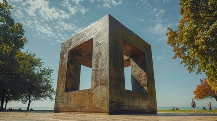 Impossible shapes in a sculpture park, geometric forms that change as you walk around them, intrigued visitors, sunny day