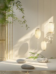 Serene Zen Garden Display with Minimalist Bamboo Chimes,Smooth Stone Arrangements and Gentle Lantern Lighting