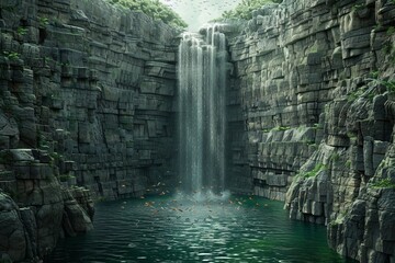 Impossible shape of a waterfall flowing upwards, fish jumping down, surreal natural wonder, serene landscape - obrazy, fototapety, plakaty