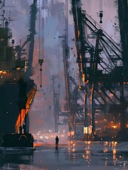 Solitary Figure Amid Towering Industrial Cranes and Docked Cargo Ships at Dusk