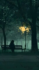 Solitary Figure Illuminated by Smartphone Screen in Serene Park at Night