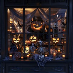 Spooky Halloween Display in Darkened Store Window with Grinning Jack-o-Lanterns and Skeletal Figures Draped in Cobwebs