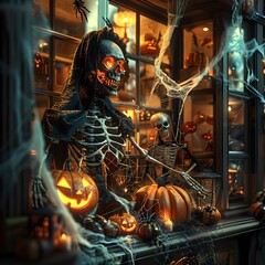 Spooky Halloween Window Display with Skeletal Figures,Pumpkins,and Eerie Shadows