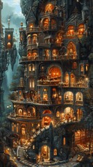 Naklejka premium Surreal gallery features living paintings, characters emerging from frames in a twisted architectural space