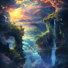 Surreal Dreamscape of Floating Islands and Cascading Waterfalls in a Vibrant,Otherworldly Realm
