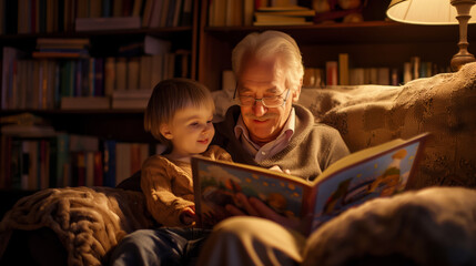 Grandfather and granddaughter immersed in a storybook in a cozy room.