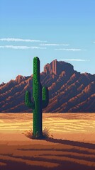 Vast and Desolate Pixelated Desert Landscape with Lone Cactus and Shimmering Heat Waves