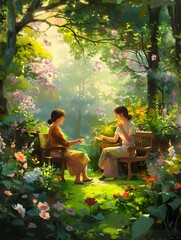 Two Friends Enjoying a Carefree Summer Afternoon in a Lush,Vibrant Park Setting with Blooming Flowers and Greenery