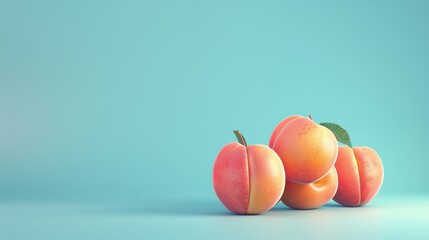 peaches A photorealistic illustration against pastel blue background with copy space for text or logo, beautifully illuminated by studio lighting