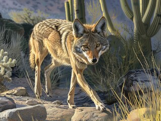 Naklejka na ściany i meble Coyote walks along rocky path, coyote walks along rocky path in the Sonoran Desert.