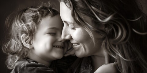 Monochrome portrait of joyful Caucasian mother and child in a loving embrace