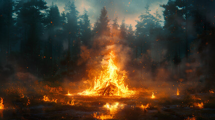 Bonfire or bonfire in the middle of the forest at night
