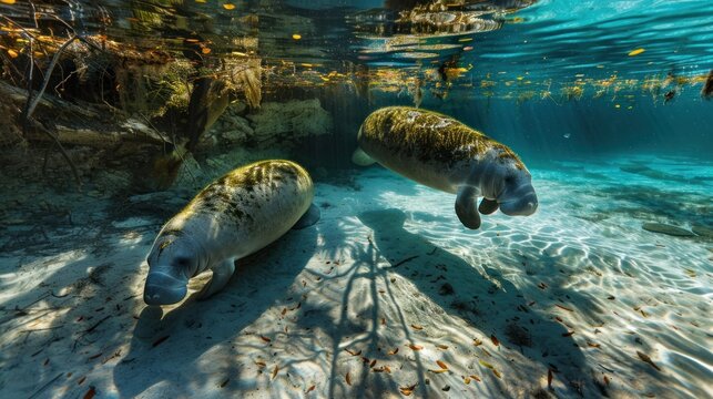 Portrait big manatee sanctuary swimming on river underwater view. AI generated image