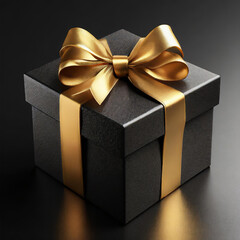 Black gift box with golden bow on black background