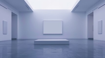 A sleek art gallery with an empty frame in the center of a smooth, white wall.
