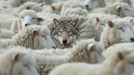 A wolf camouflage was among many sheep. AI generated image - obrazy, fototapety, plakaty