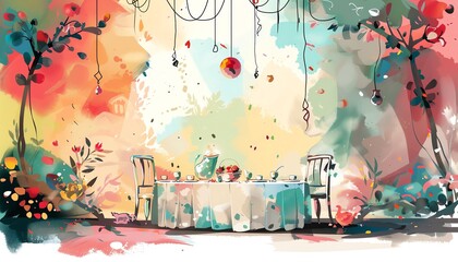 Capture a whimsical fairytale ambiance in a worms-eye view of an intimate dinner scene with vibrant watercolor strokes and intricate details