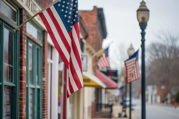 An American flag hanging from the lampposts of a quaint Main Street in a small town, with historic buildings lining the road, evoking community and tradition, patriotic, with copy
