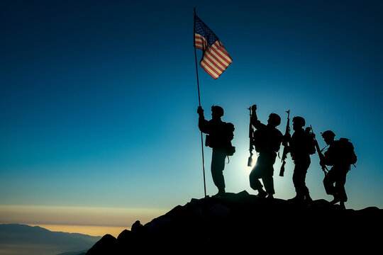 Silhouettes of soldiers raising the American flag, reminiscent of the iconic Iwo Jima scene, embodying bravery and sacrifice, patriotic, with copy space