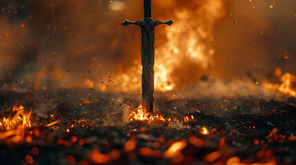 Powerful sword, lit in flames, concept of power and fire - obrazy, fototapety, plakaty