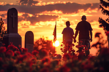 Silhouettes of a family visiting a cemetery, placing flowers and American flags by a gravestone at sunset, Memorial Day, patriotic, with copy space - obrazy, fototapety, plakaty