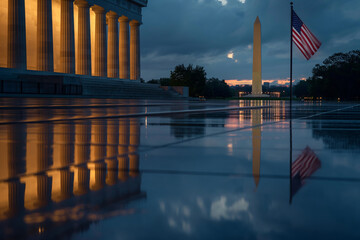 The Lincoln Memorial at dawn, with no people around, an American flag reflecting in the Reflecting Pool, a moment of solitude and remembrance, Memorial Day, patriotic, with copy sp