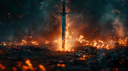Powerful sword, lit in flames, concept of power and fire