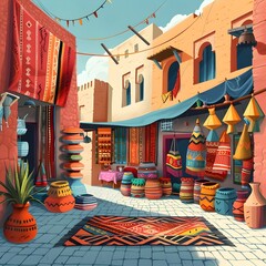 Vibrant Textures and Handcrafted Goods in a Bustling Marketplace Showcasing Cultural Diversity and Craftsmanship